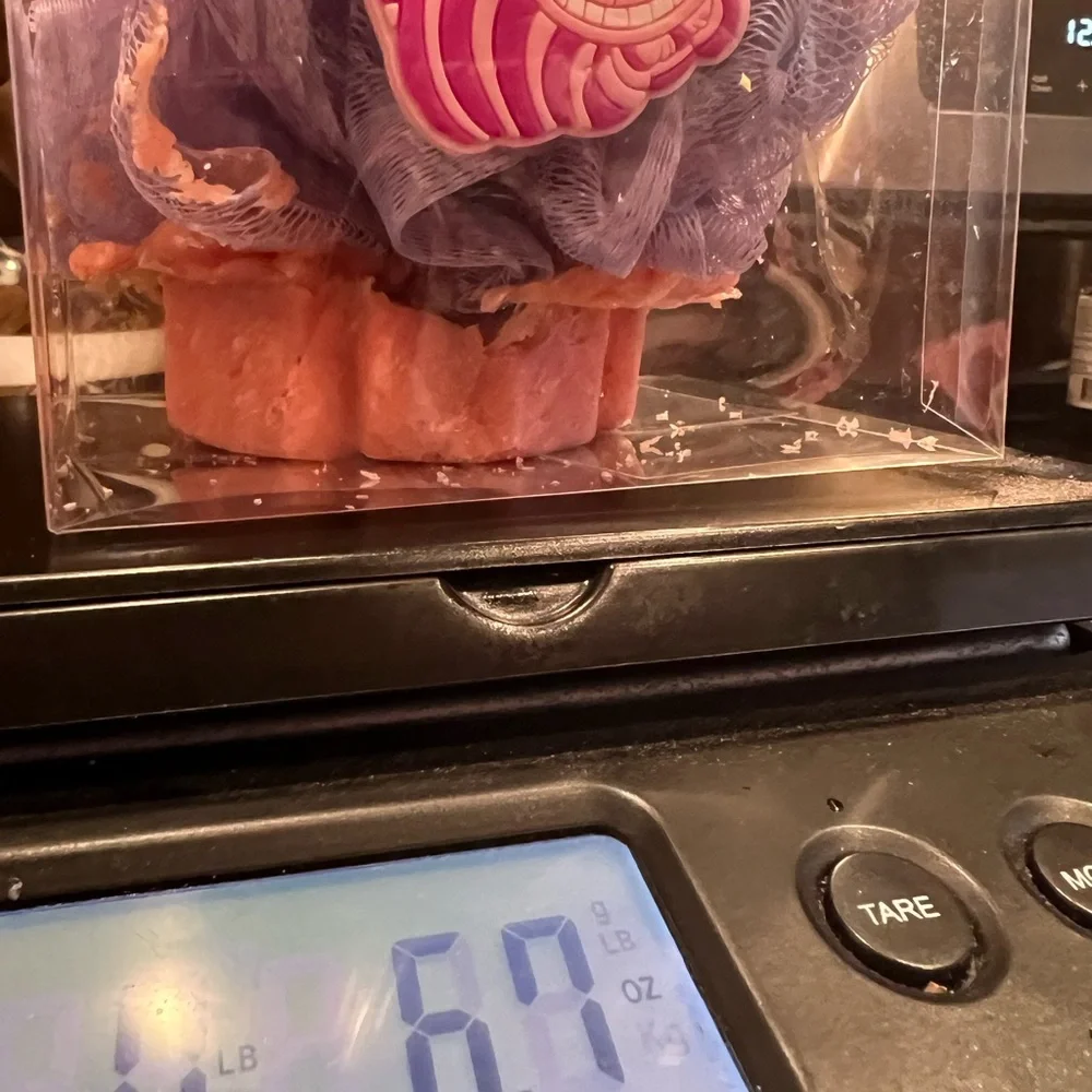 Watermelon soap Purple Shower Pouf with Cheshire Cat Design